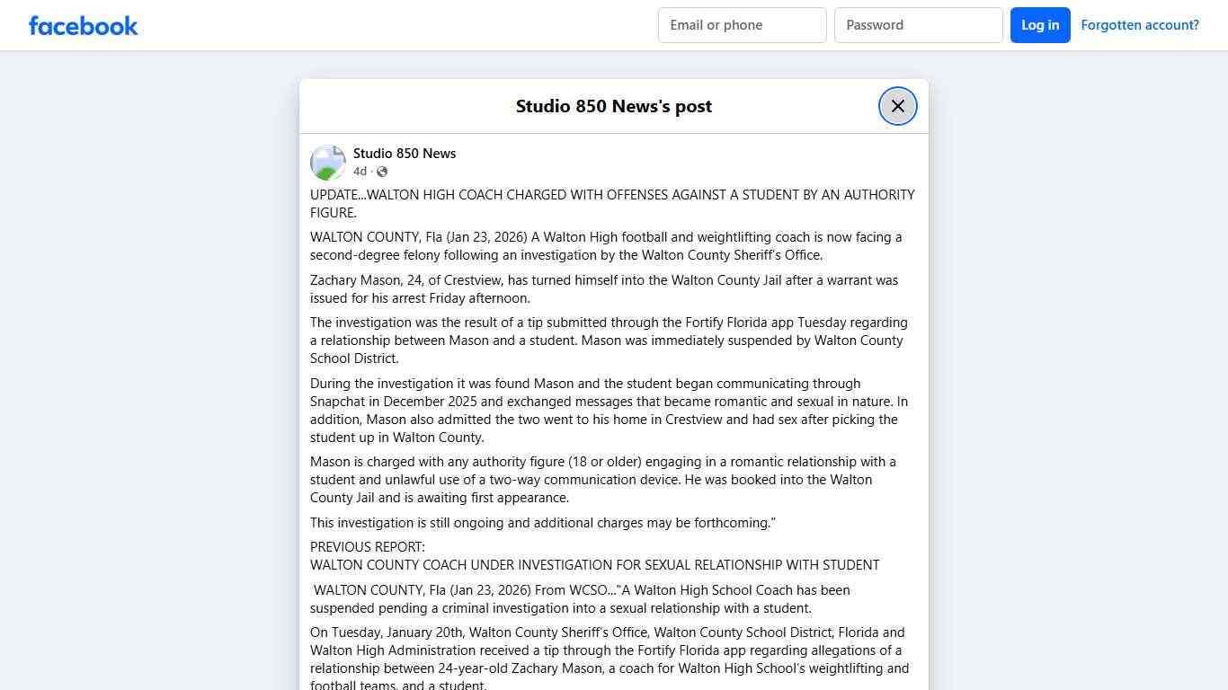 Studio 850 News - UPDATE...WALTON HIGH COACH CHARGED WITH... Facebook